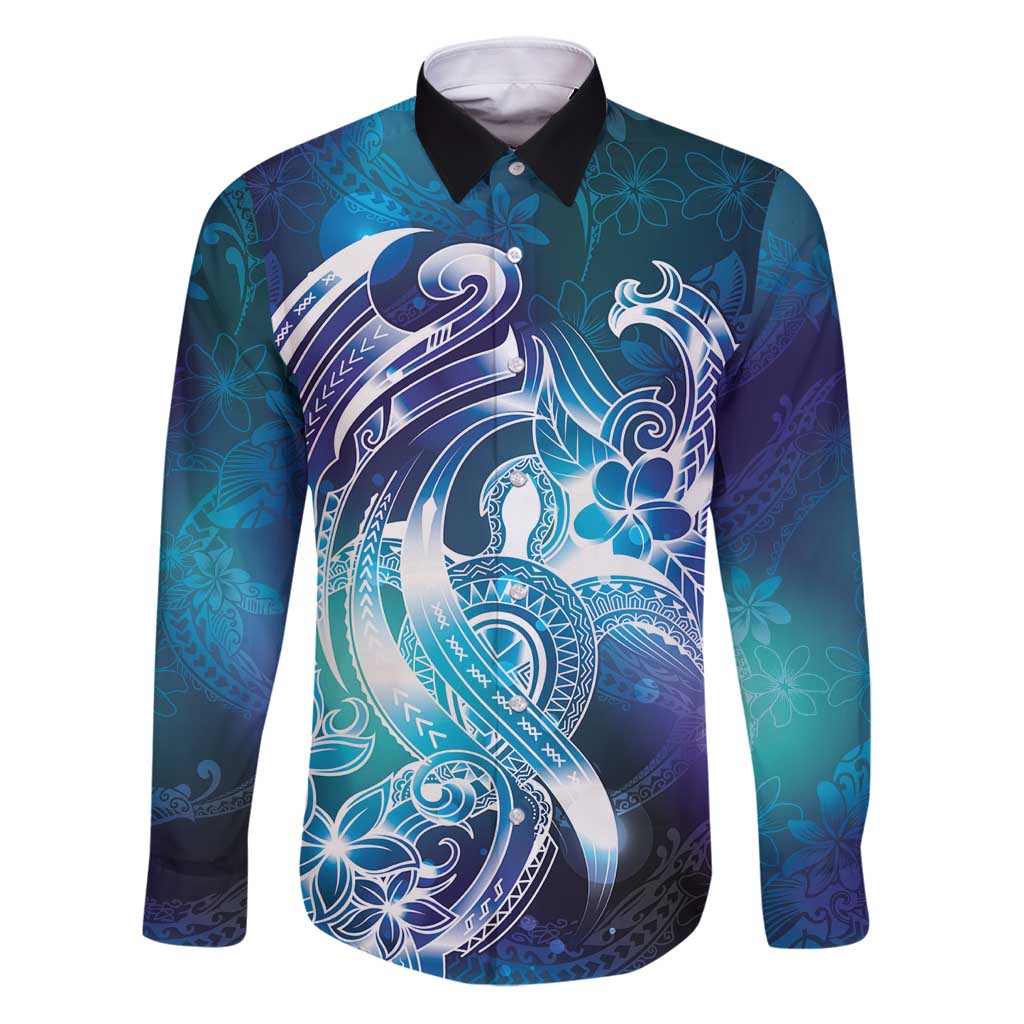 Aloha Hawaii Turtle Family Matching Puletasi and Hawaiian Shirt Teal Purple Ribbon LT7 Dad's Shirt - Long Sleeve Purple Teal - Polynesian Pride