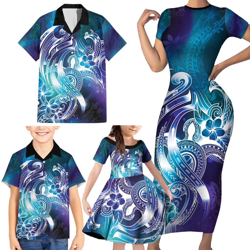 Aloha Hawaii Turtle Family Matching Short Sleeve Bodycon Dress and Hawaiian Shirt Teal Purple Ribbon LT7 - Polynesian Pride