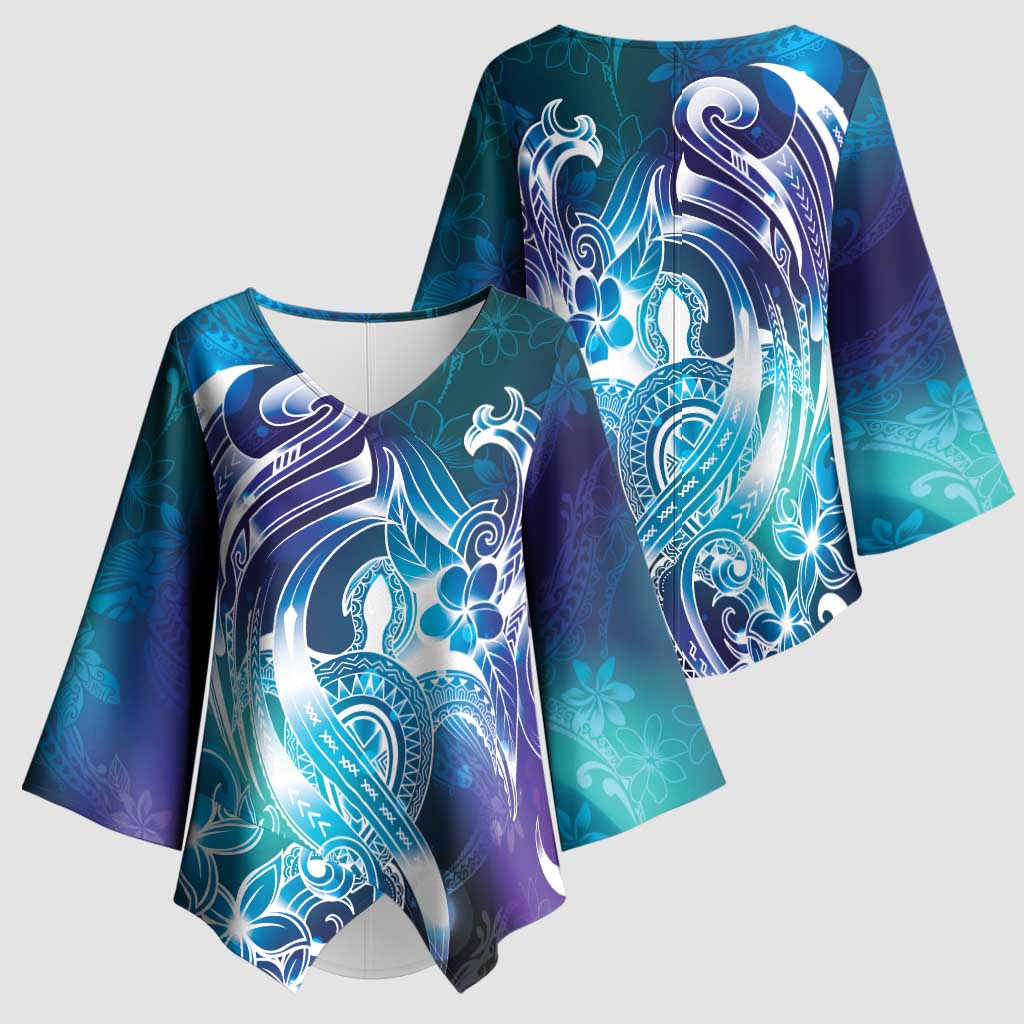 Aloha Hawaii Turtle Kimono Sleeve Blouse Teal Purple Ribbon LT7 - Polynesian Pride