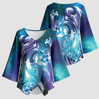 Aloha Hawaii Turtle Kimono Sleeve Blouse Teal Purple Ribbon LT7 - Polynesian Pride