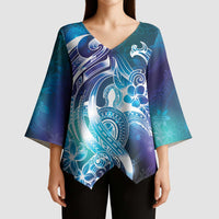 Aloha Hawaii Turtle Kimono Sleeve Blouse Teal Purple Ribbon LT7 - Polynesian Pride