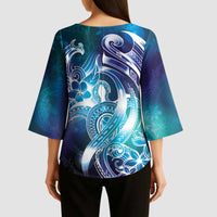 Aloha Hawaii Turtle Kimono Sleeve Blouse Teal Purple Ribbon LT7 - Polynesian Pride