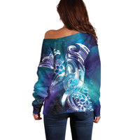 Aloha Hawaii Turtle Off Shoulder Sweater Teal Purple Ribbon - Polynesian Pride