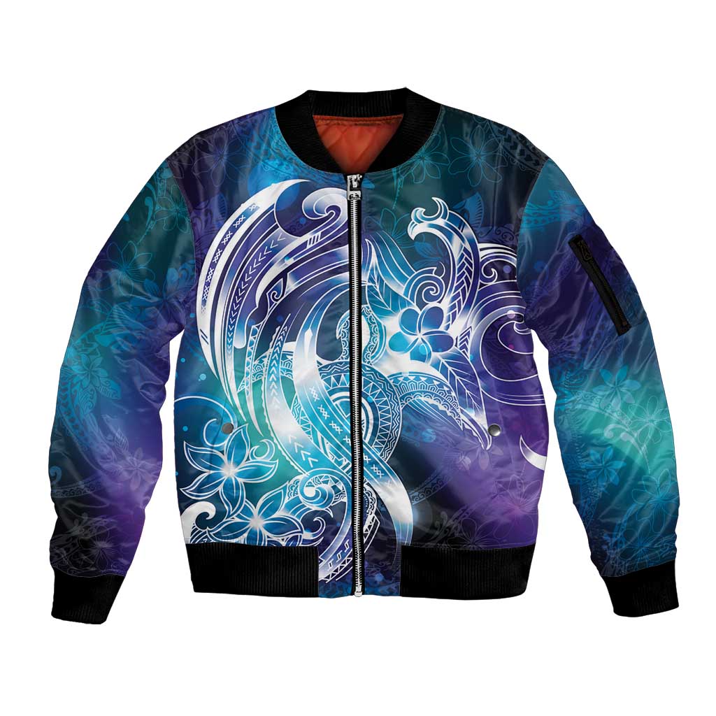Aloha Hawaii Turtle Sleeve Zip Bomber Jacket Teal Purple Ribbon - Polynesian Pride