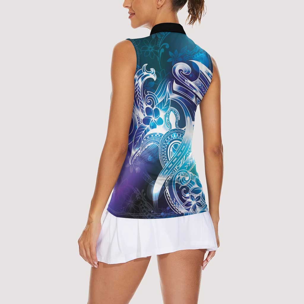 Aloha Hawaii Turtle Women Sleeveless Polo Shirt Teal Purple Ribbon LT7 - Polynesian Pride