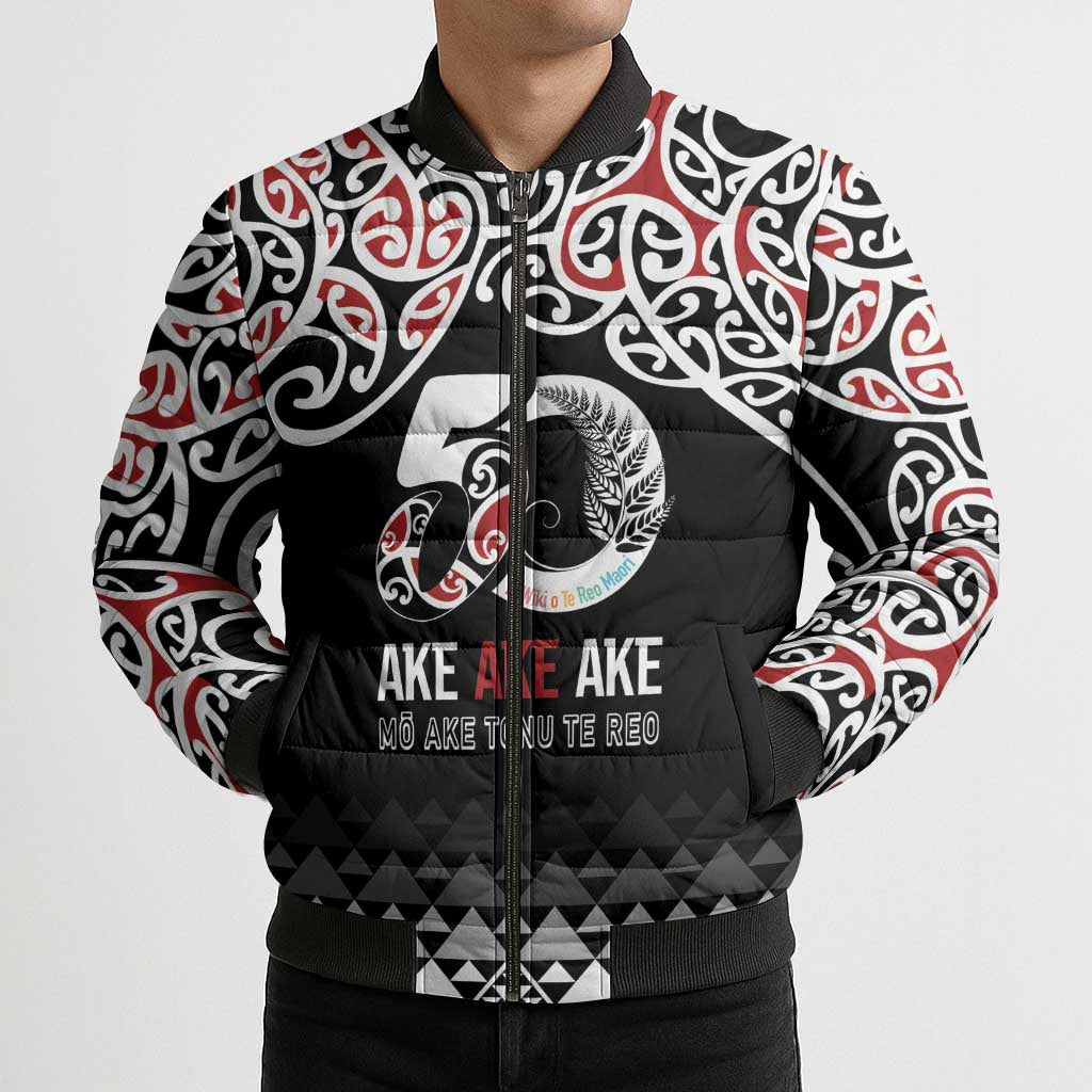 Kia Kaha Te Reo Maori Bomber Puffer Jacket 50 Years Mo Ake Tonu Te Reo - Polynesian Pride