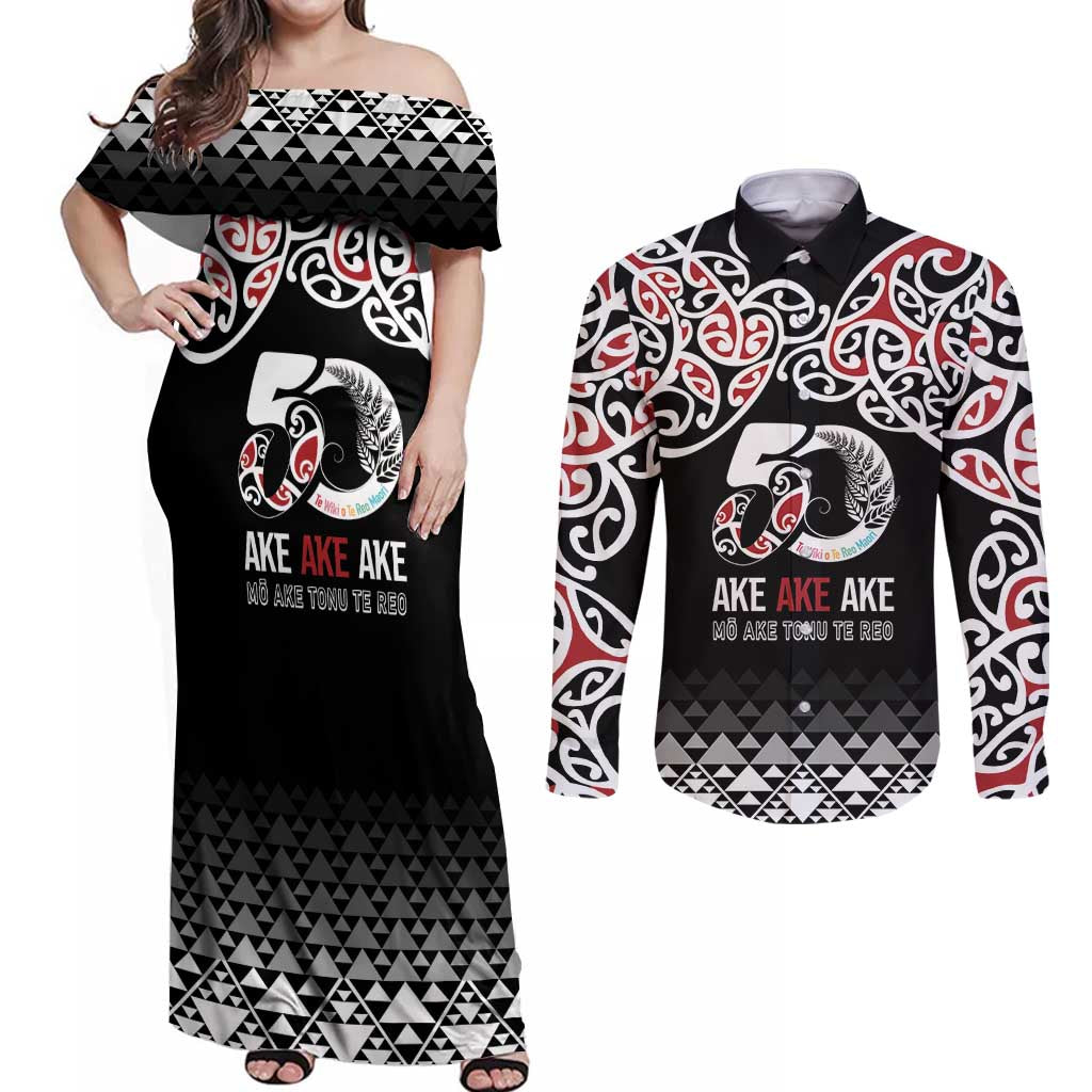 Kia Kaha Te Reo Maori Couples Matching Off Shoulder Maxi Dress and Long Sleeve Button Shirt 50 Years Mo Ake Tonu Te Reo - Polynesian Pride