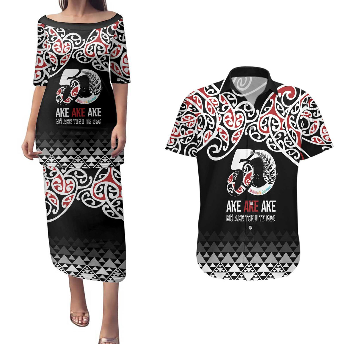 Kia Kaha Te Reo Maori Couples Matching Puletasi and Hawaiian Shirt 50 Years Mo Ake Tonu Te Reo - Polynesian Pride