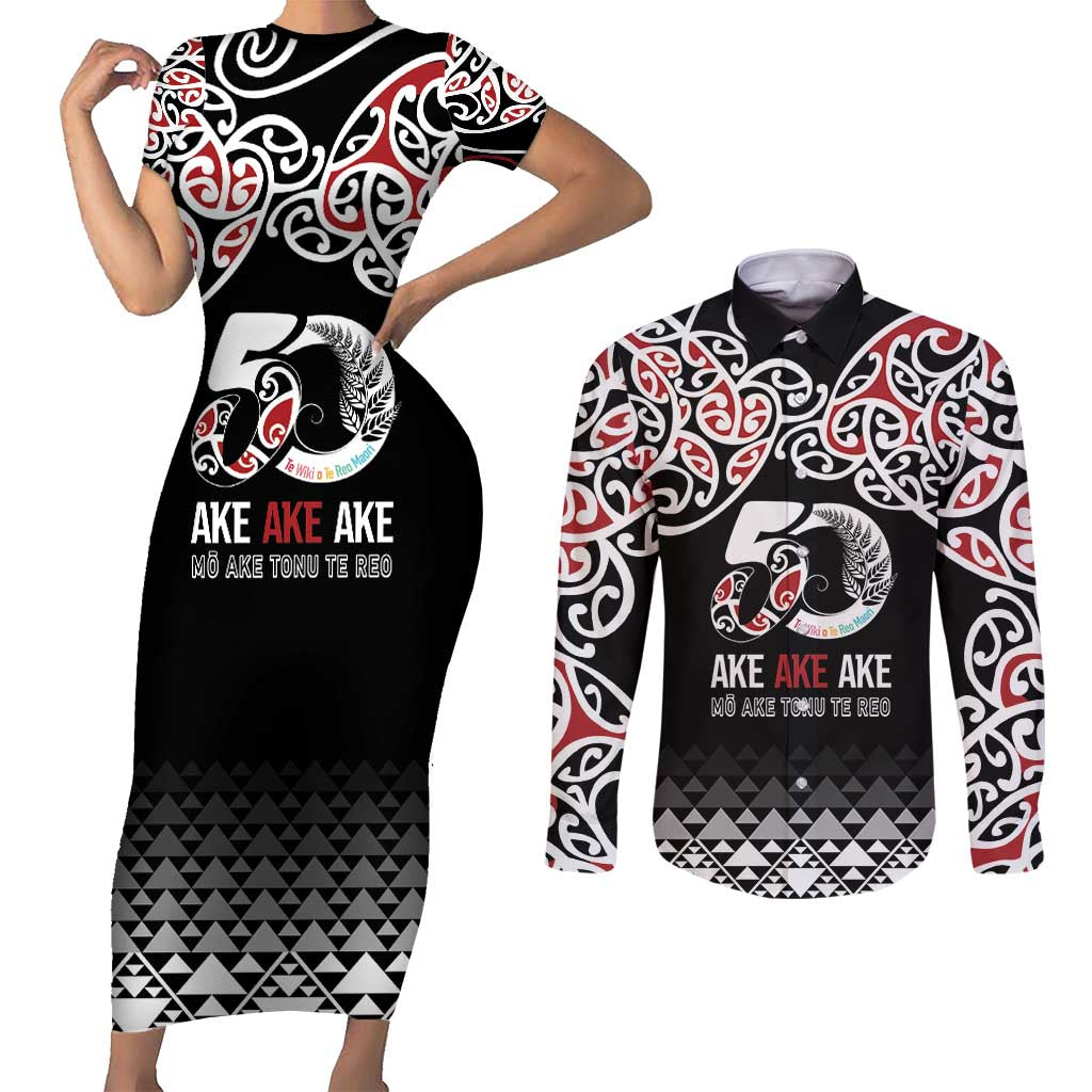 Kia Kaha Te Reo Maori Couples Matching Short Sleeve Bodycon Dress and Long Sleeve Button Shirt 50 Years Mo Ake Tonu Te Reo - Polynesian Pride