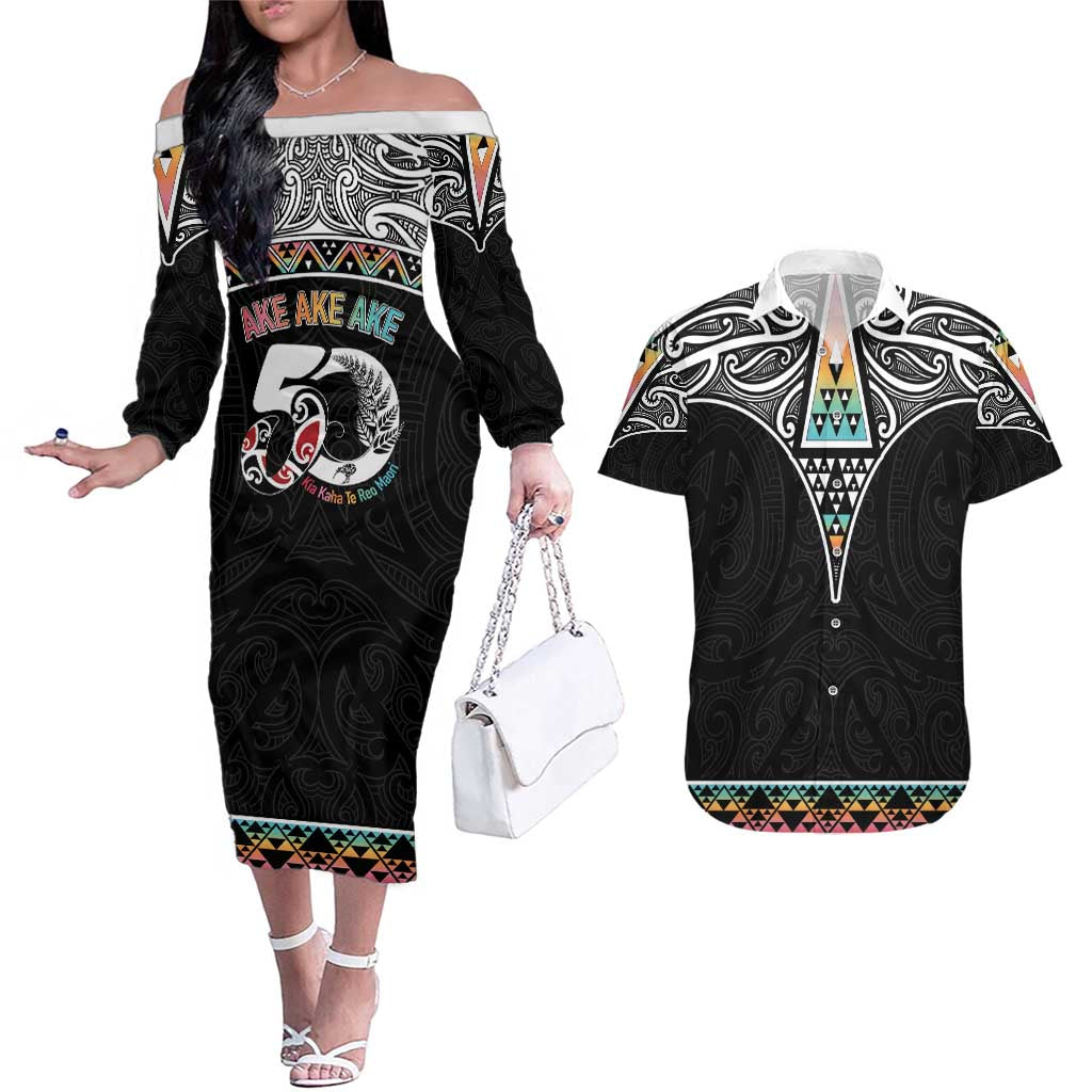 50 Years Kia Kaha Te Reo Maori Couples Matching Off The Shoulder Long Sleeve Dress and Hawaiian Shirt Ake Ake Ake! - Polynesian Pride