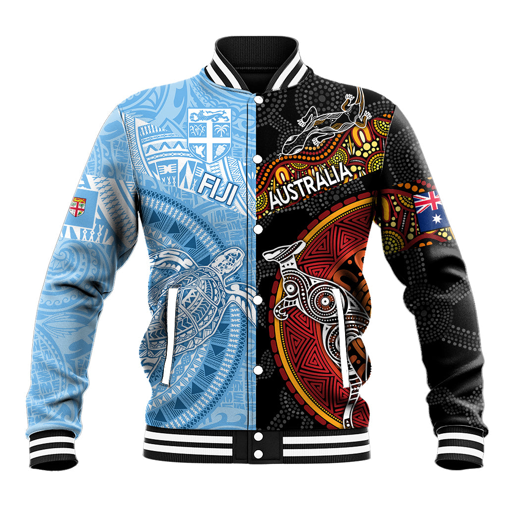Personalised Fiji and Australia Baseball Jacket Masi Patterns Mix Aboriginal Art LT7 Unisex Colorful - Polynesian Pride