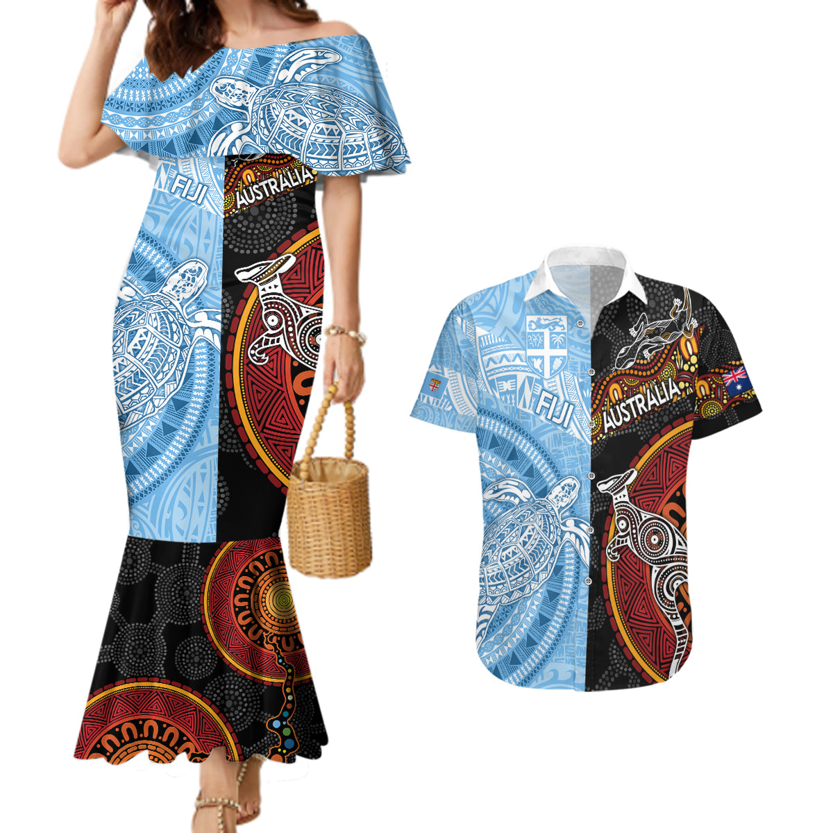 personalised-fiji-and-australia-couples-matching-mermaid-dress-and-hawaiian-shirt-masi-patterns-mix-aboriginal-art