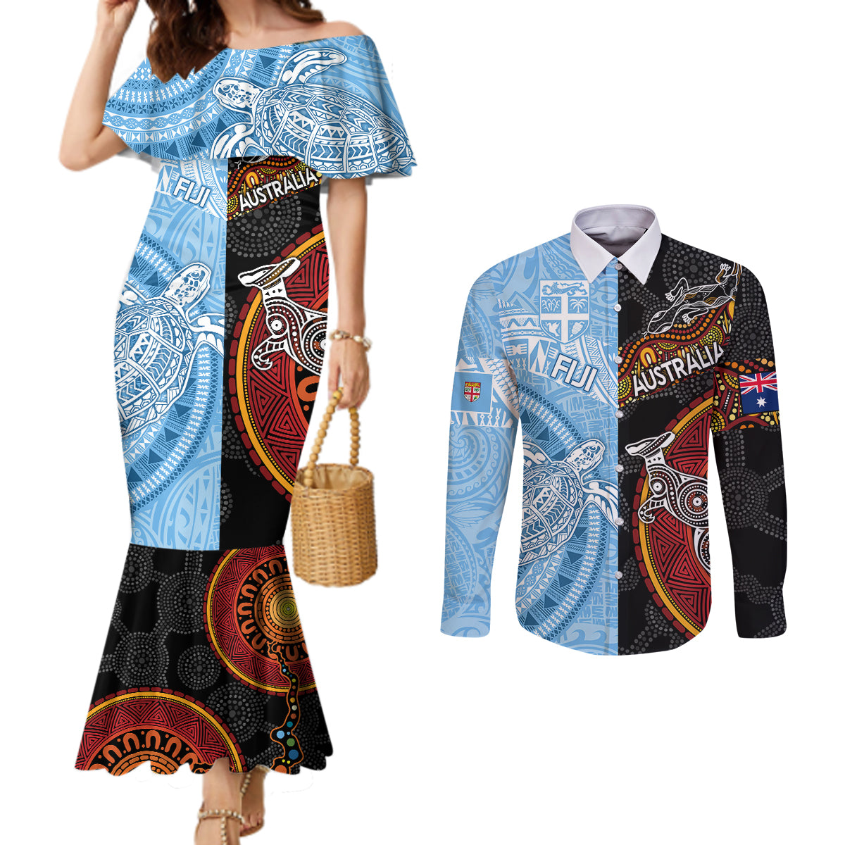 personalised-fiji-and-australia-couples-matching-mermaid-dress-and-long-sleeve-button-shirts-masi-patterns-mix-aboriginal-art
