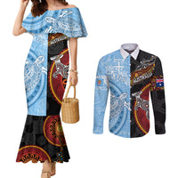 personalised-fiji-and-australia-couples-matching-mermaid-dress-and-long-sleeve-button-shirts-masi-patterns-mix-aboriginal-art