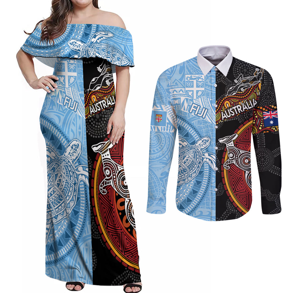 personalised-fiji-and-australia-couples-matching-off-shoulder-maxi-dress-and-long-sleeve-button-shirts-masi-patterns-mix-aboriginal-art