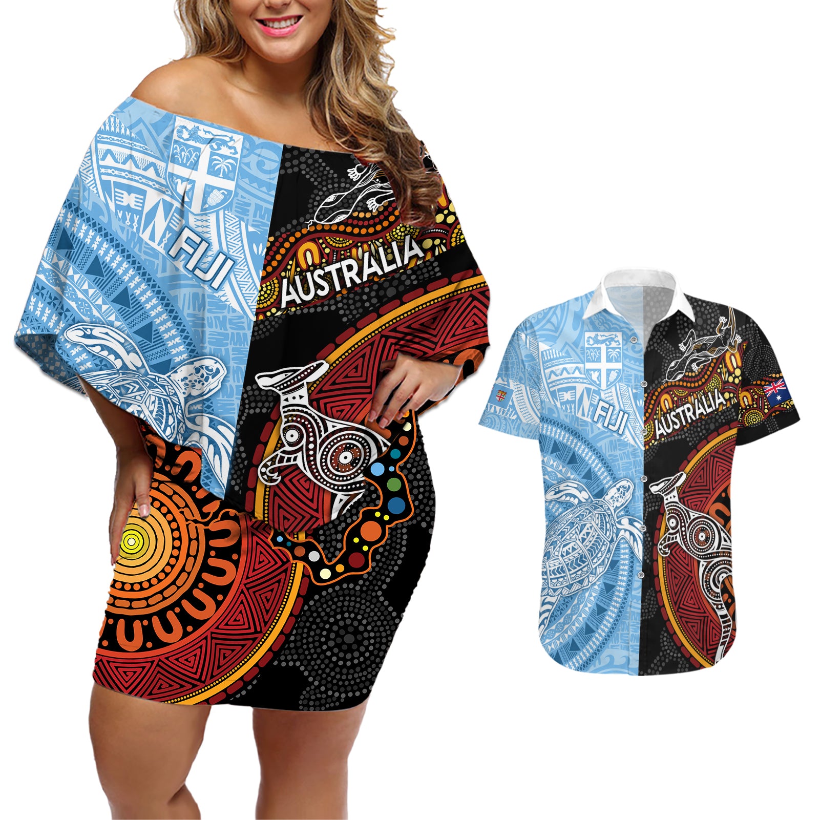 personalised-fiji-and-australia-couples-matching-off-shoulder-short-dress-and-hawaiian-shirt-masi-patterns-mix-aboriginal-art