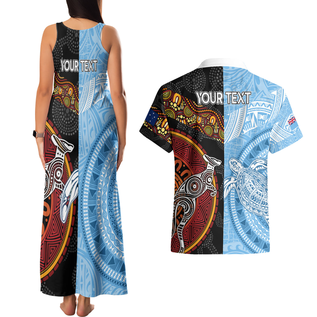 personalised-fiji-and-australia-couples-matching-tank-maxi-dress-and-hawaiian-shirt-masi-patterns-mix-aboriginal-art
