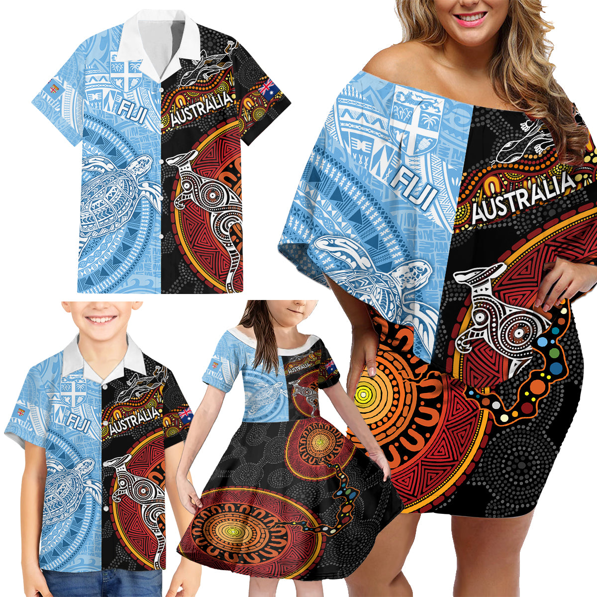 personalised-fiji-and-australia-family-matching-off-shoulder-short-dress-and-hawaiian-shirt-masi-patterns-mix-aboriginal-art