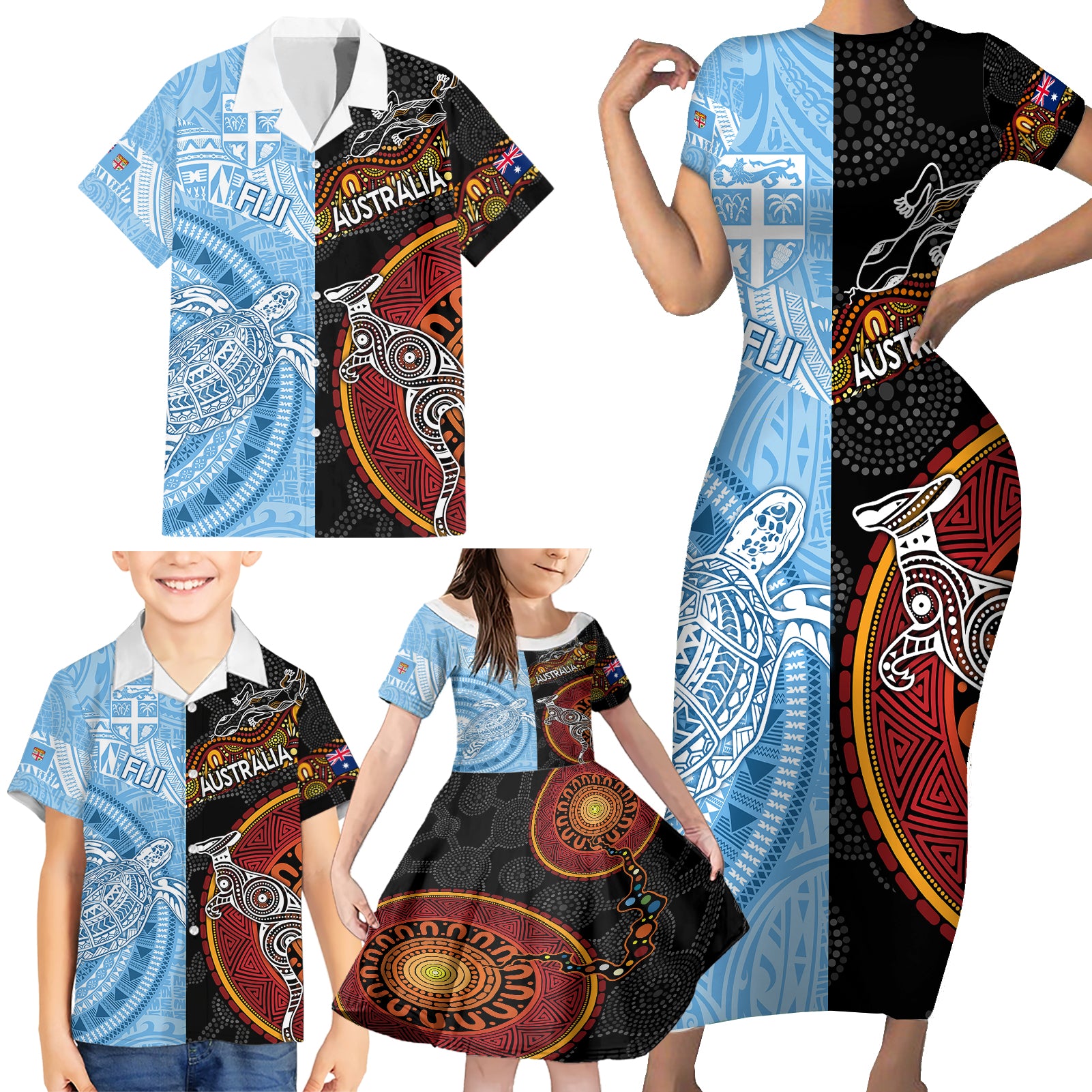 personalised-fiji-and-australia-family-matching-short-sleeve-bodycon-dress-and-hawaiian-shirt-masi-patterns-mix-aboriginal-art