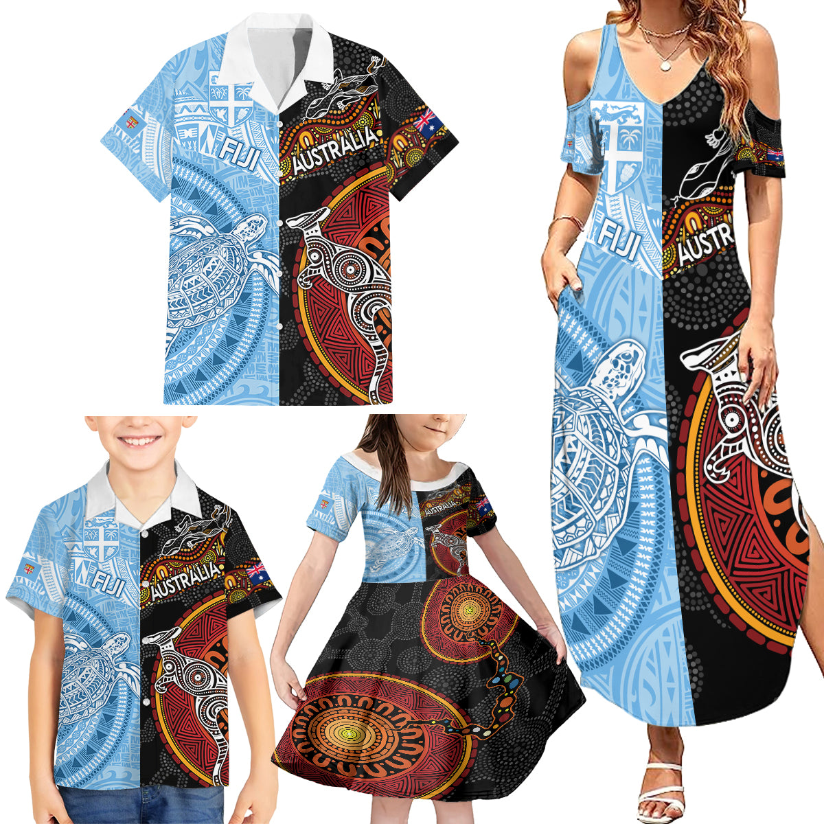 personalised-fiji-and-australia-family-matching-summer-maxi-dress-and-hawaiian-shirt-masi-patterns-mix-aboriginal-art