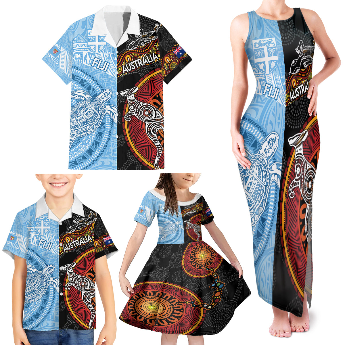 personalised-fiji-and-australia-family-matching-tank-maxi-dress-and-hawaiian-shirt-masi-patterns-mix-aboriginal-art