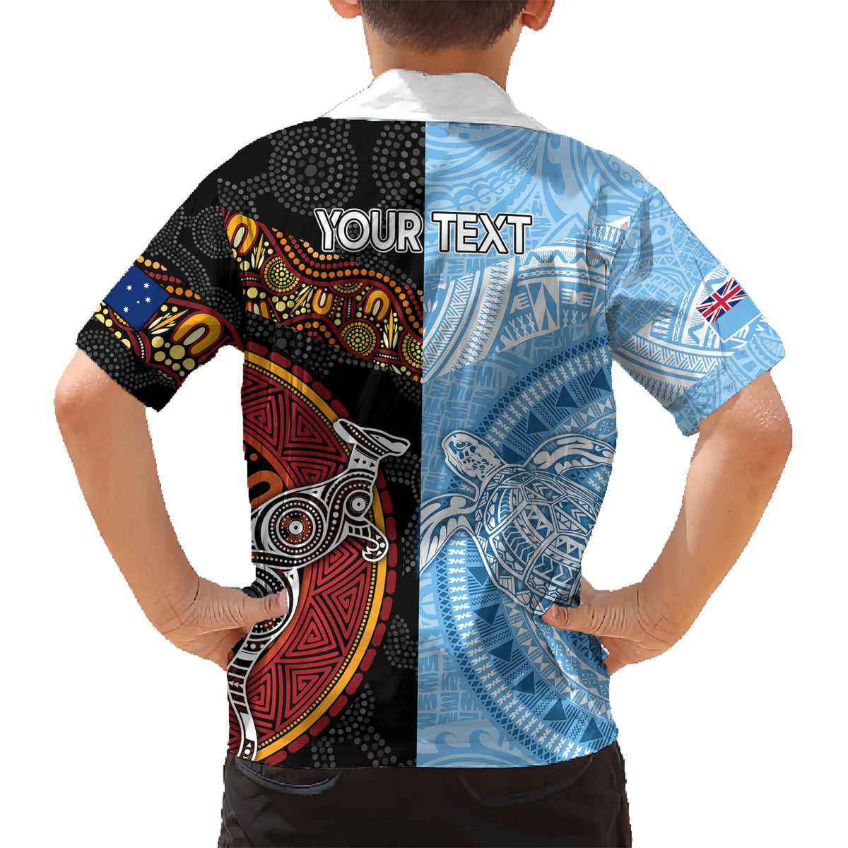 Personalised Fiji and Australia Kid Hawaiian Shirt Masi Patterns Mix Aboriginal Art LT7 - Polynesian Pride