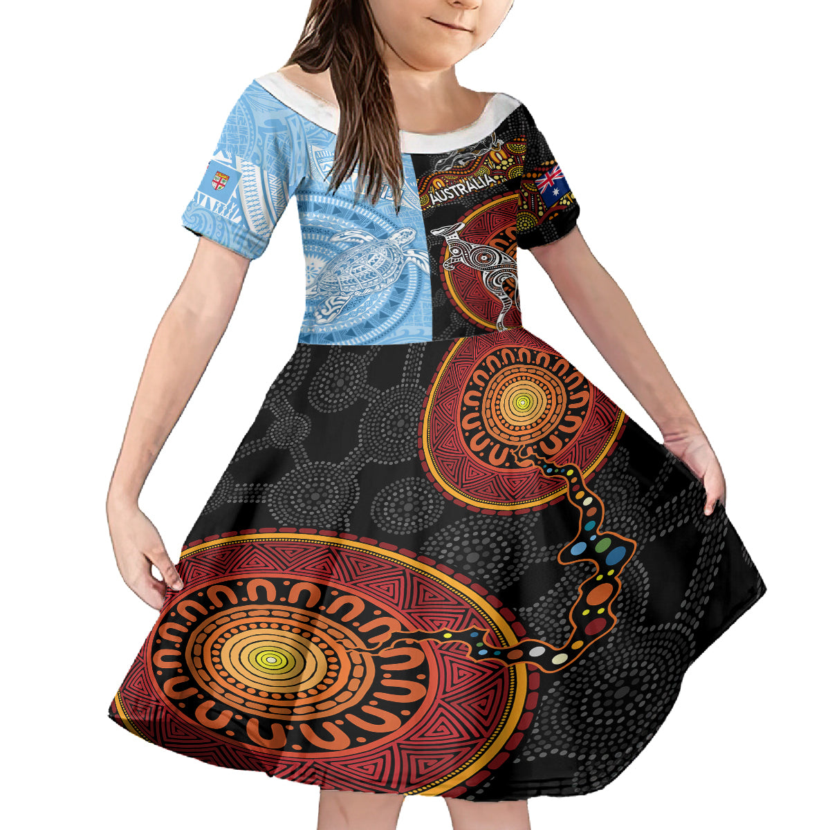 Personalised Fiji and Australia Kid Short Sleeve Dress Masi Patterns Mix Aboriginal Art LT7 KID Colorful - Polynesian Pride