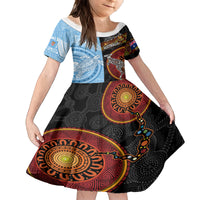 Personalised Fiji and Australia Kid Short Sleeve Dress Masi Patterns Mix Aboriginal Art LT7 KID Colorful - Polynesian Pride