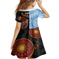 Personalised Fiji and Australia Kid Short Sleeve Dress Masi Patterns Mix Aboriginal Art LT7 - Polynesian Pride