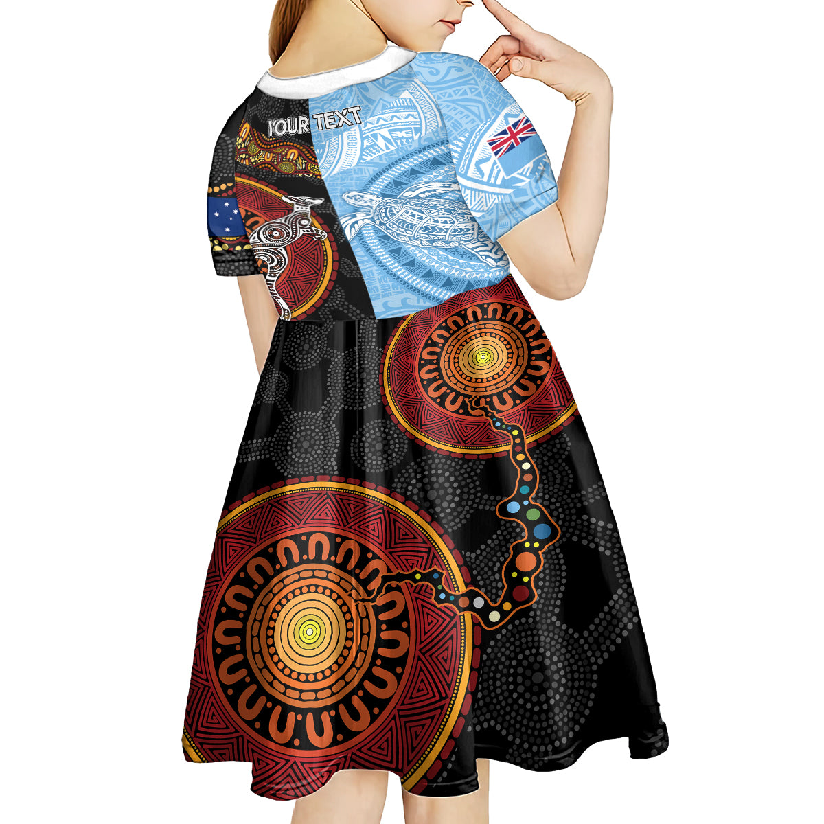 Personalised Fiji and Australia Kid Short Sleeve Dress Masi Patterns Mix Aboriginal Art LT7 - Polynesian Pride