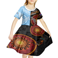 Personalised Fiji and Australia Kid Short Sleeve Dress Masi Patterns Mix Aboriginal Art LT7 - Polynesian Pride