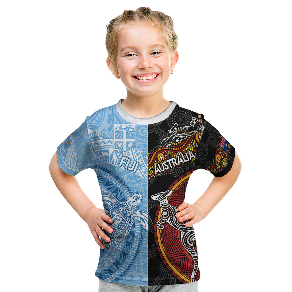 Personalised Fiji and Australia Kid T Shirt Masi Patterns Mix Aboriginal Art LT7 Colorful - Polynesian Pride