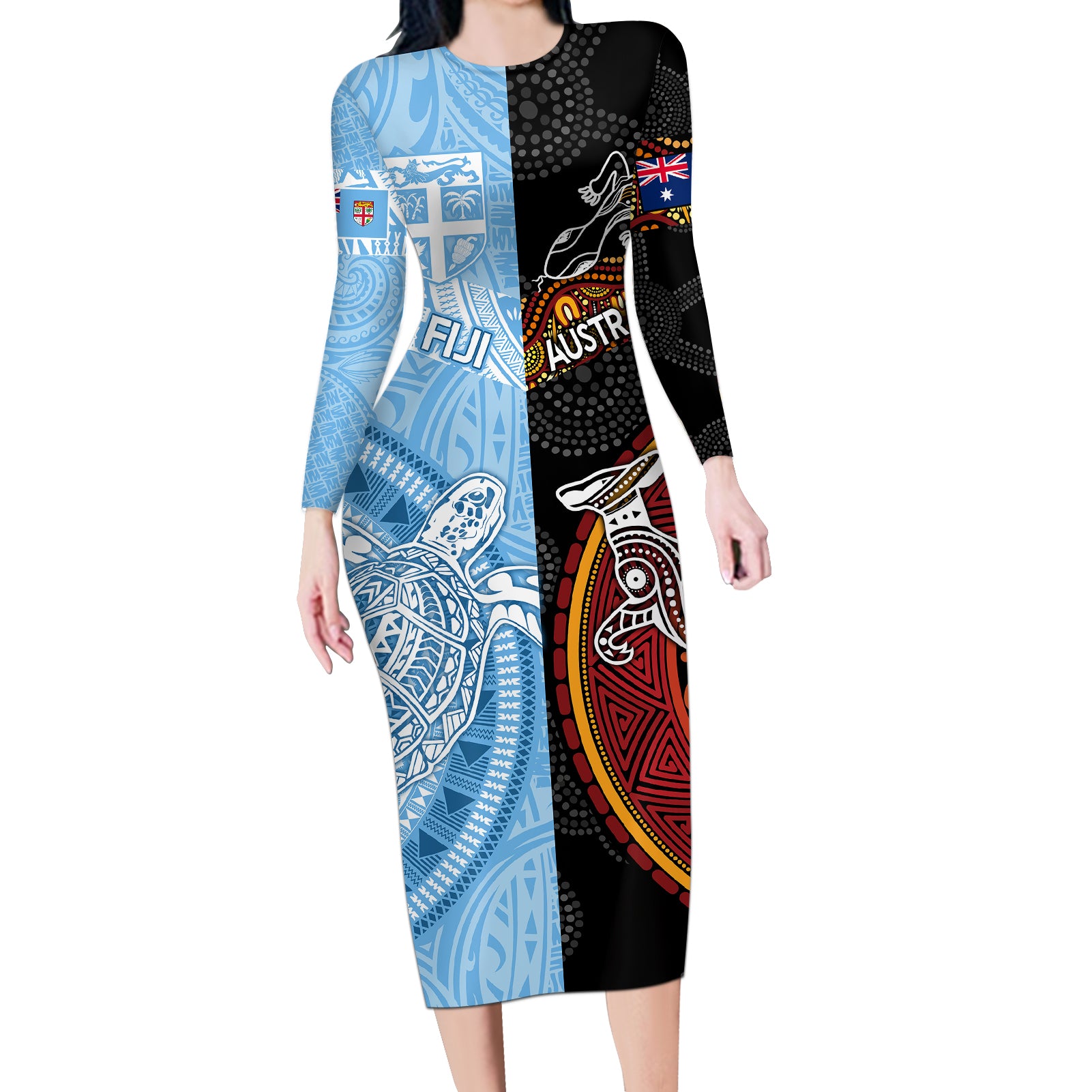 personalised-fiji-and-australia-long-sleeve-bodycon-dress-masi-patterns-mix-aboriginal-art