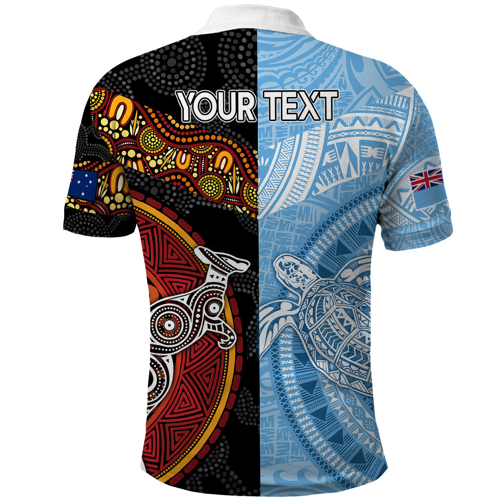 Personalised Fiji and Australia Polo Shirt Masi Patterns Mix Aboriginal Art LT7 - Polynesian Pride