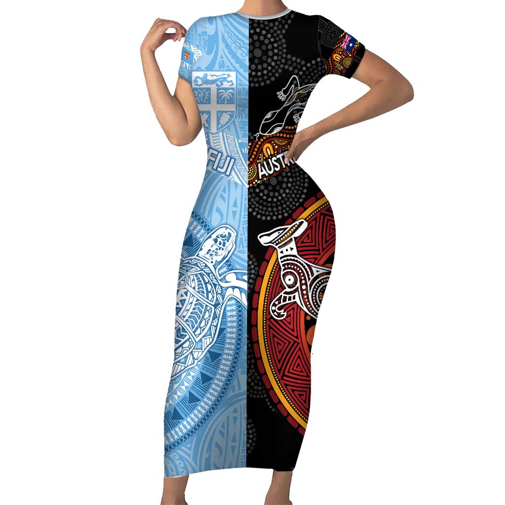 Personalised Fiji and Australia Short Sleeve Bodycon Dress Masi Patterns Mix Aboriginal Art LT7