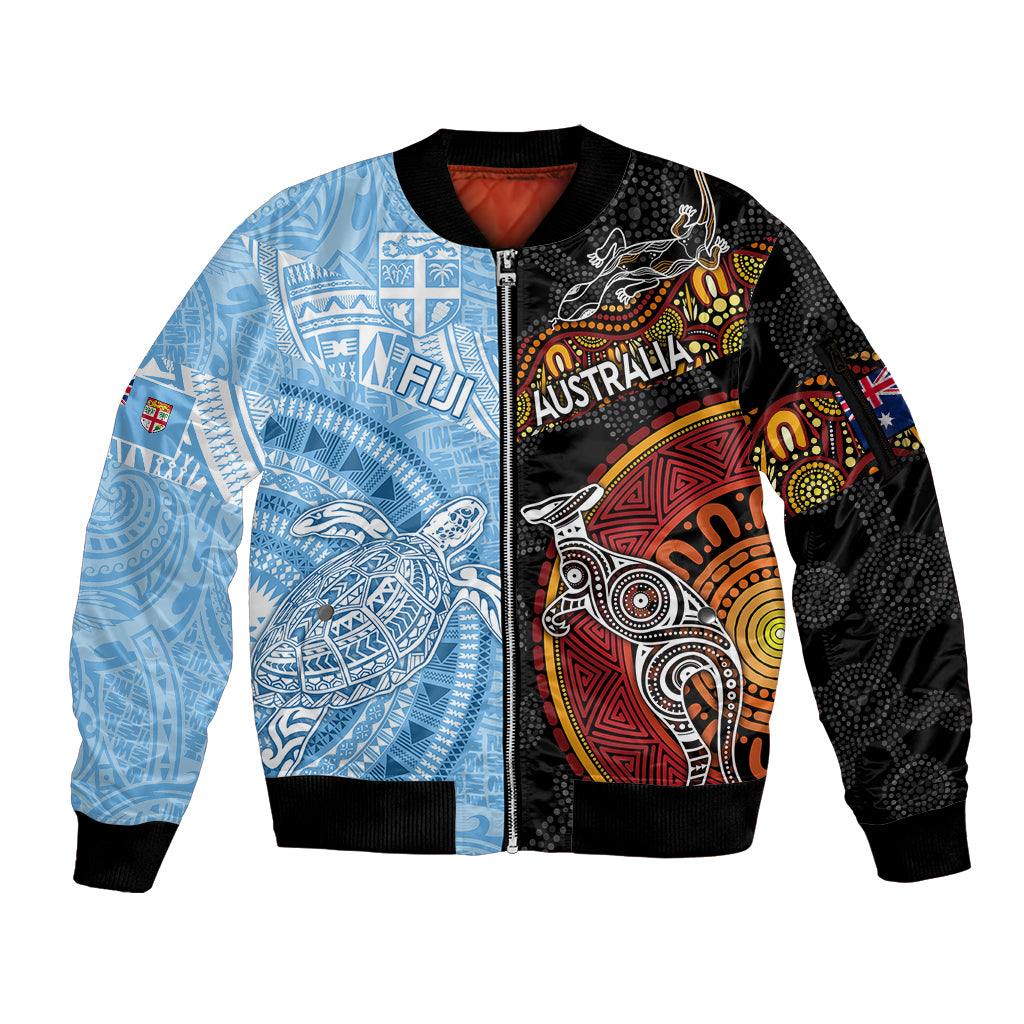 Personalised Fiji and Australia Sleeve Zip Bomber Jacket Masi Patterns Mix Aboriginal Art LT7 Unisex Colorful - Polynesian Pride