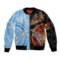 Personalised Fiji and Australia Sleeve Zip Bomber Jacket Masi Patterns Mix Aboriginal Art LT7 Unisex Colorful - Polynesian Pride