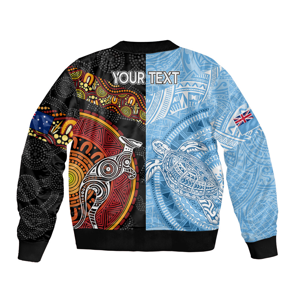 Personalised Fiji and Australia Sleeve Zip Bomber Jacket Masi Patterns Mix Aboriginal Art LT7 - Polynesian Pride