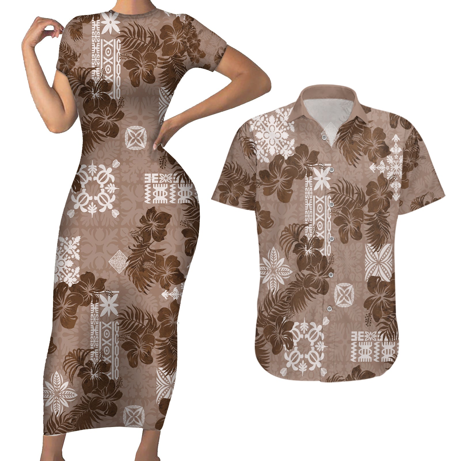 Vintage Hawaii Couples Matching Short Sleeve Bodycon Dress and Hawaiian Shirt Hibiscus Mix Hawaiian Quilt Patches - Brown LT7 Brown - Polynesian Pride