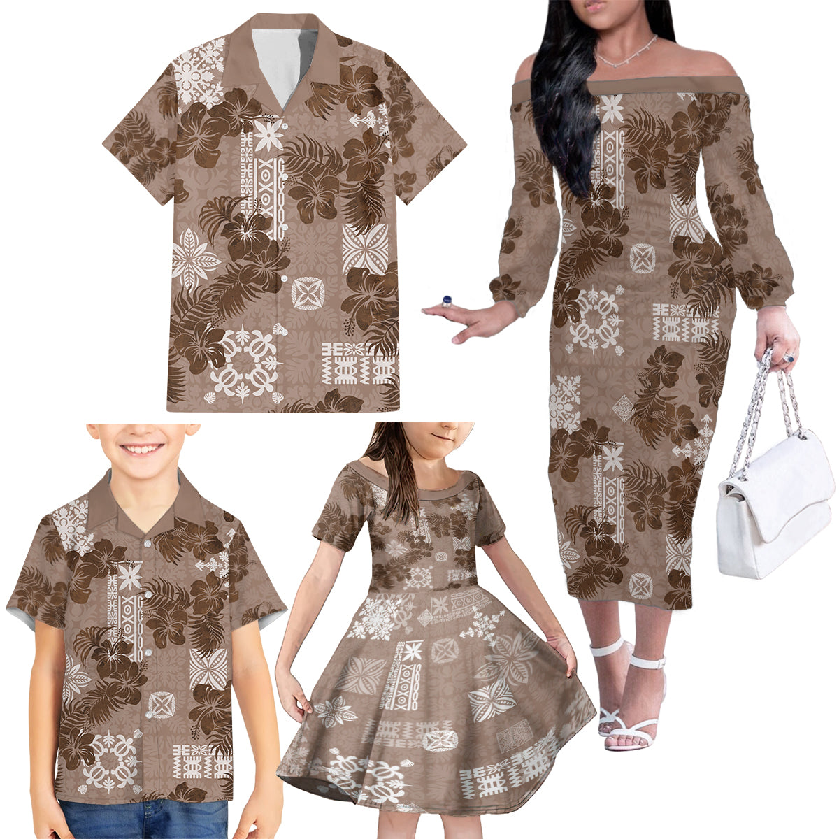 Vintage Hawaii Family Matching Off Shoulder Long Sleeve Dress and Hawaiian Shirt Hibiscus Mix Hawaiian Quilt Patches - Brown LT7 - Polynesian Pride