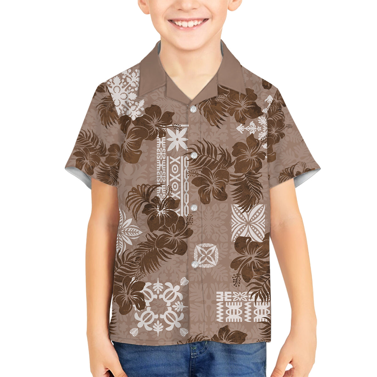 Vintage Hawaii Family Matching Off Shoulder Short Dress and Hawaiian Shirt Hibiscus Mix Hawaiian Quilt Patches - Brown LT7 Son's Shirt Brown - Polynesian Pride
