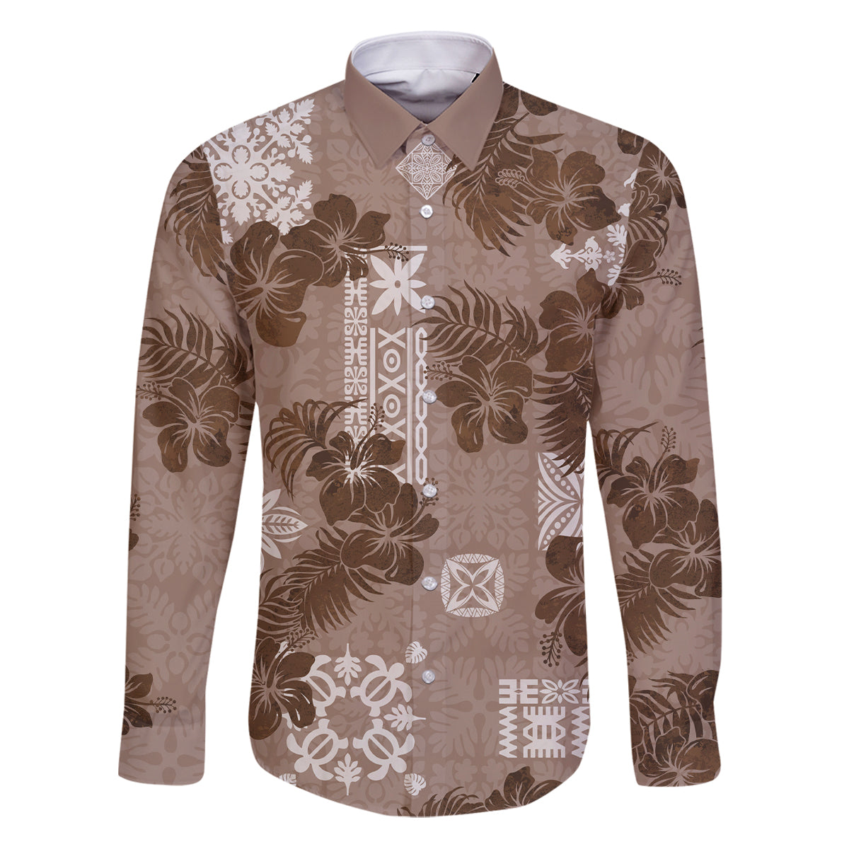 Vintage Hawaii Family Matching Puletasi Dress and Hawaiian Shirt Hibiscus Mix Hawaiian Quilt Patches - Brown LT7 Dad's Shirt - Long Sleeve Brown - Polynesian Pride