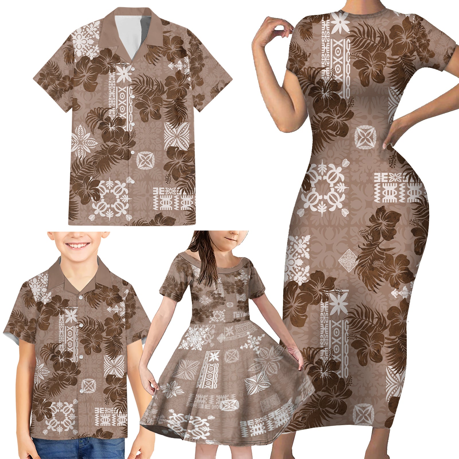 Vintage Hawaii Family Matching Short Sleeve Bodycon Dress and Hawaiian Shirt Hibiscus Mix Hawaiian Quilt Patches - Brown LT7 - Polynesian Pride