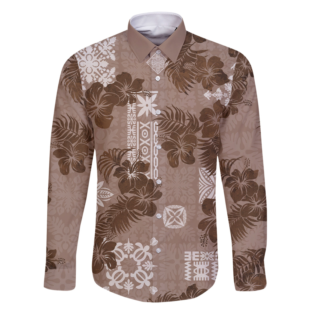 Vintage Hawaii Family Matching Tank Maxi Dress and Hawaiian Shirt Hibiscus Mix Hawaiian Quilt Patches - Brown LT7 Dad's Shirt - Long Sleeve Brown - Polynesian Pride