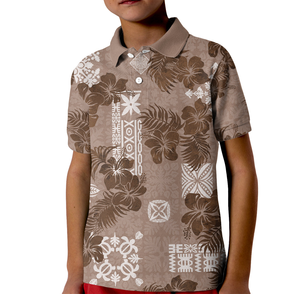 Vintage Hawaii Kid Polo Shirt Hibiscus Mix Hawaiian Quilt Patches - Brown LT7 Kid Brown - Polynesian Pride