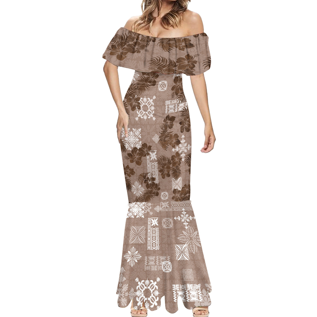 Vintage Hawaii Mermaid Dress Hibiscus Mix Hawaiian Quilt Patches - Brown LT7 - Polynesian Pride