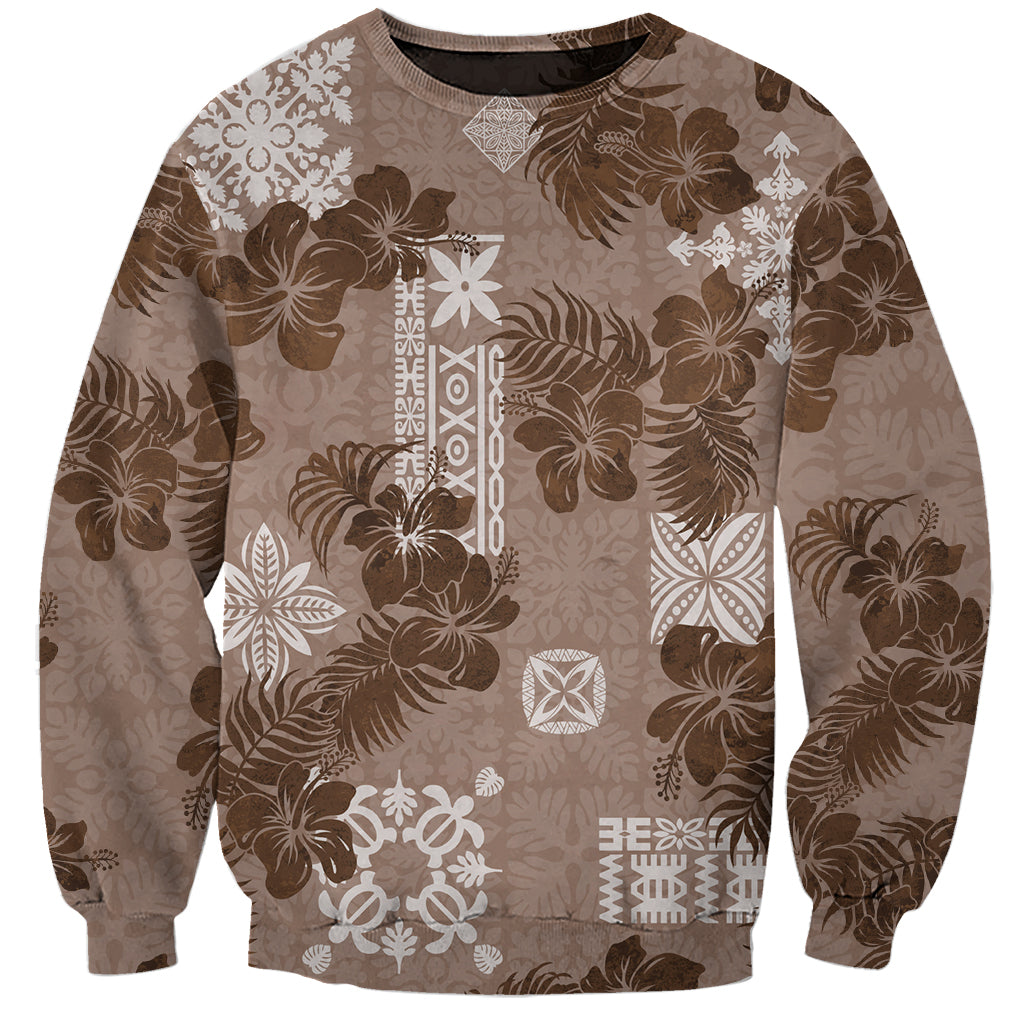 Vintage Hawaii Sweatshirt Hibiscus Mix Hawaiian Quilt Patches - Brown LT7 Unisex Brown - Polynesian Pride