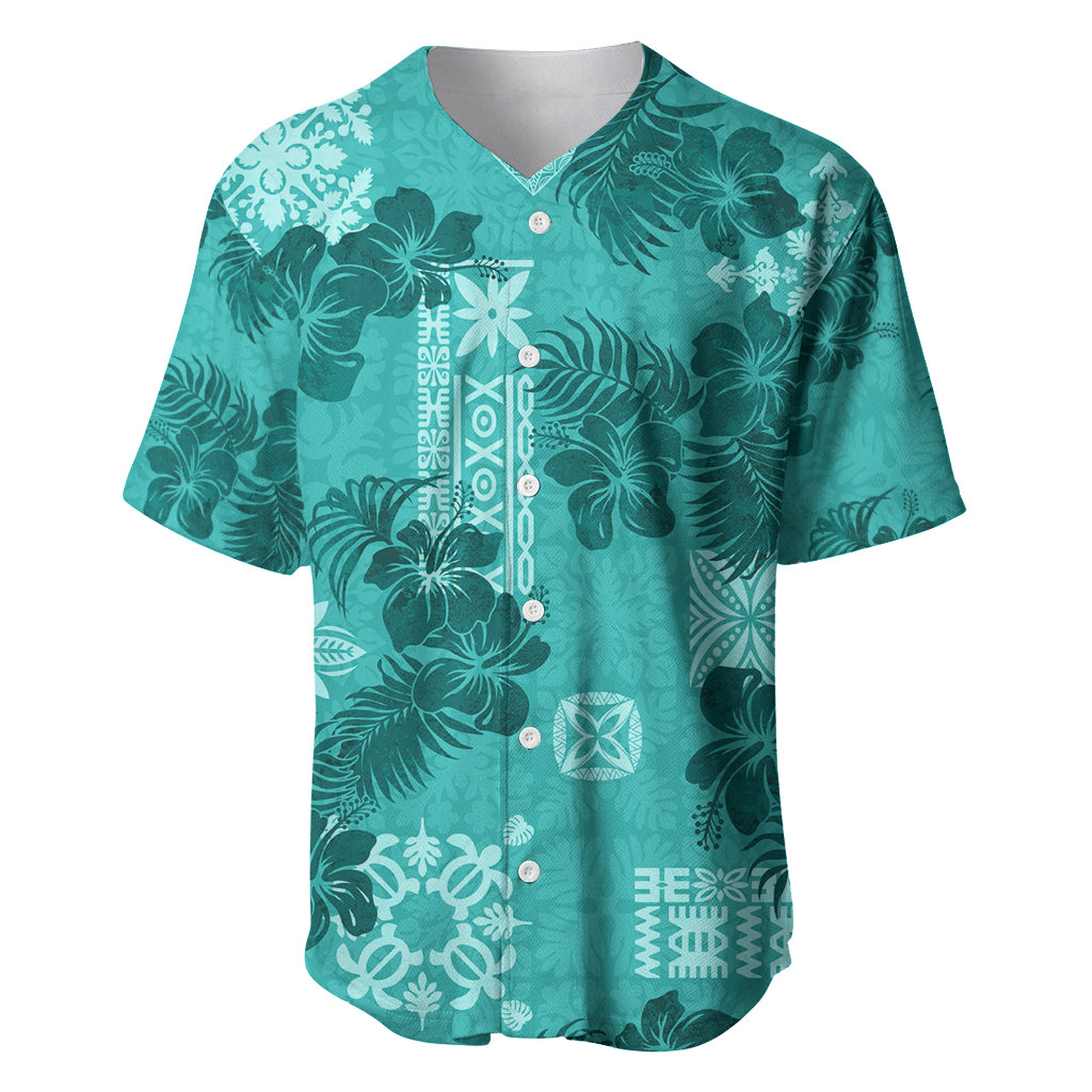 Vintage Hawaii Baseball Jersey Hibiscus Mix Hawaiian Quilt Patches - Teal LT7 Teal - Polynesian Pride