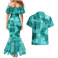 Vintage Hawaii Couples Matching Mermaid Dress and Hawaiian Shirt Hibiscus Mix Hawaiian Quilt Patches - Teal LT7 - Polynesian Pride