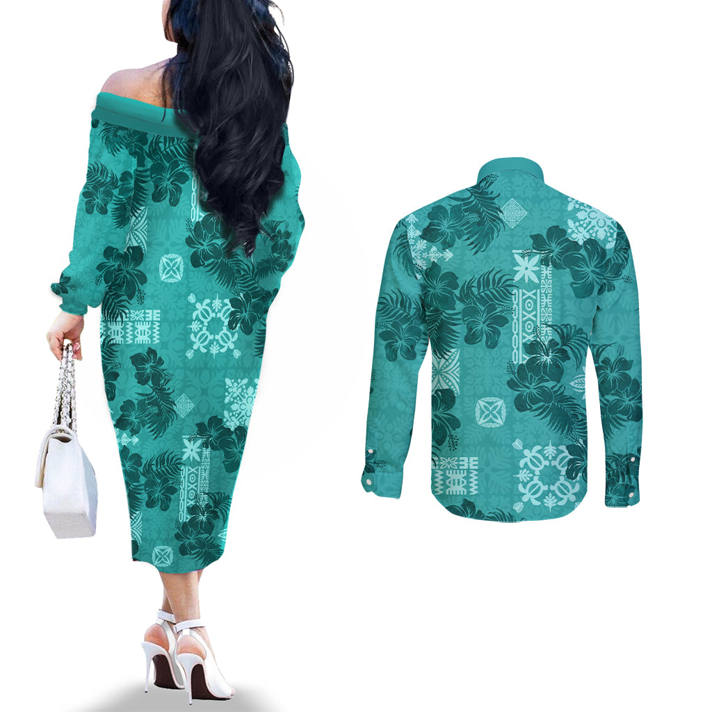 Vintage Hawaii Couples Matching Off The Shoulder Long Sleeve Dress and Long Sleeve Button Shirt Hibiscus Mix Hawaiian Quilt Patches - Teal LT7 - Polynesian Pride